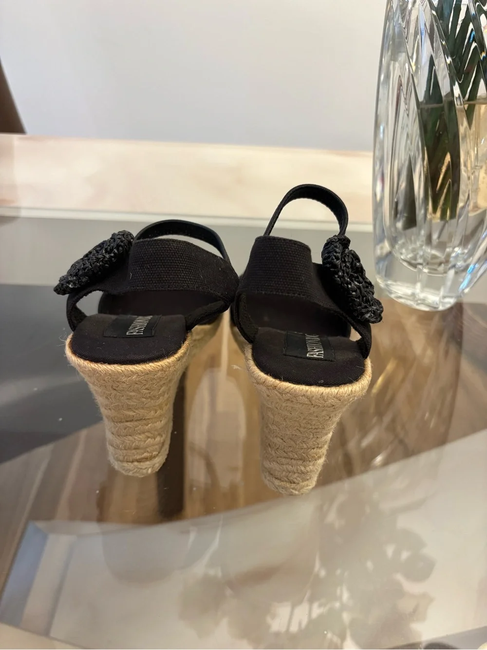 Fashion Bug Women's Black Wedge Slingback Sandals Flower Accent Slip On 7.5